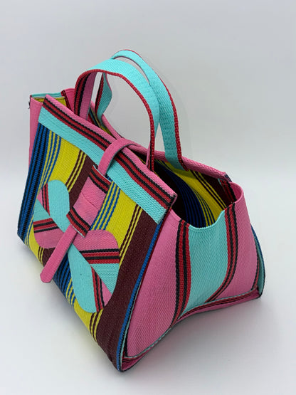 Sunshine Large handwoven tote bag by SCRUBIES in Pink,Teal,Yellow,Blue,Brown with Stripes design and Bow accent pattern