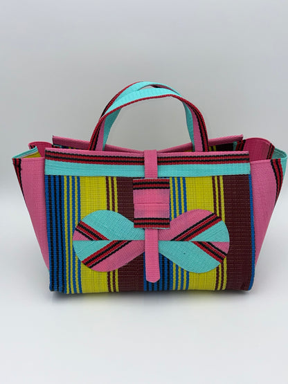 Sunshine Large handwoven tote bag by SCRUBIES in Pink,Teal,Yellow,Blue,Brown with Stripes design and Bow accent pattern