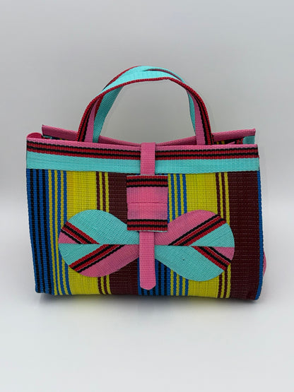 Sunshine Large handwoven tote bag by SCRUBIES in Pink,Teal,Yellow,Blue,Brown with Stripes design and Bow accent pattern