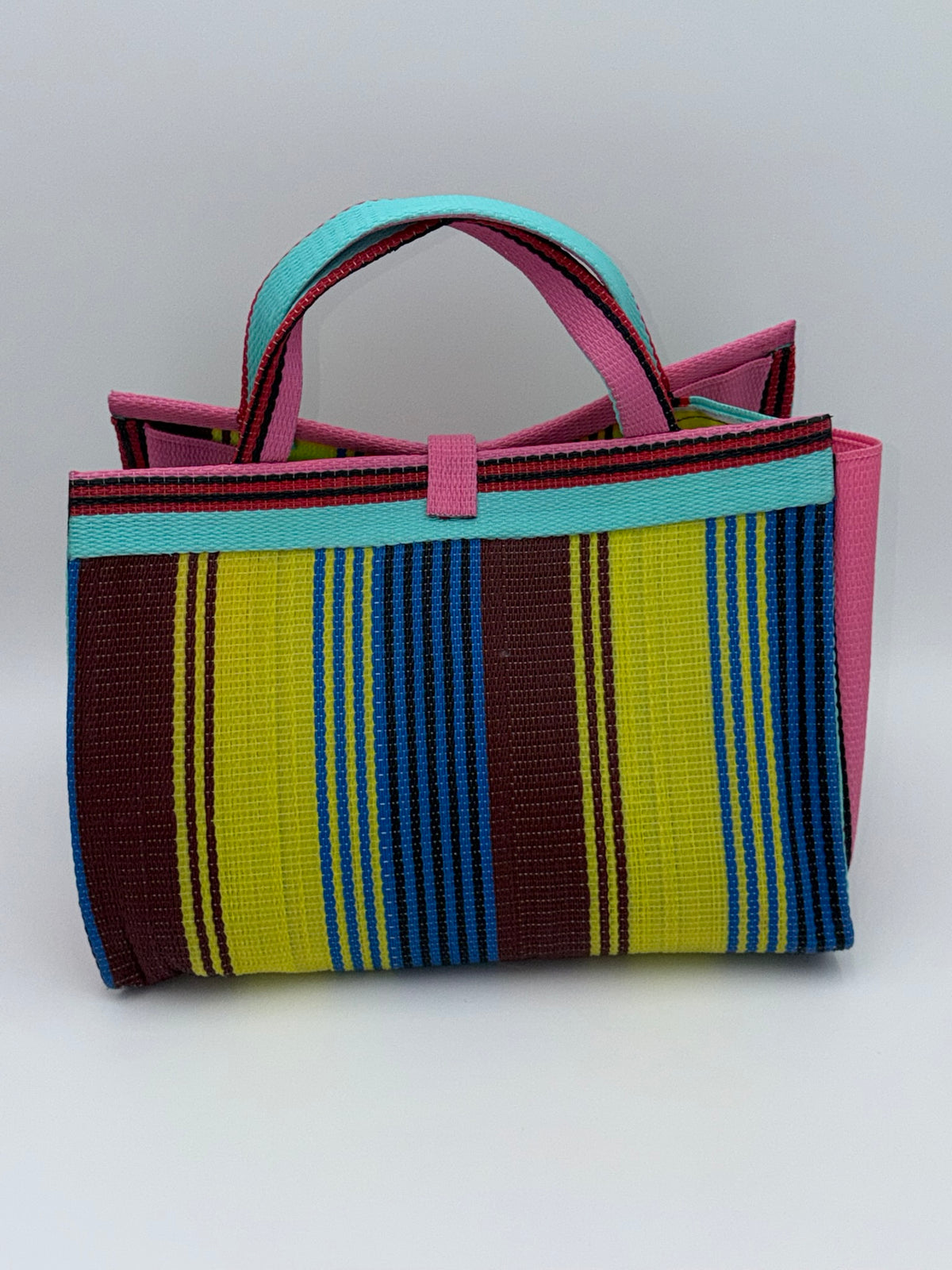 Sunshine Large handwoven tote bag by SCRUBIES in Pink,Teal,Yellow,Blue,Brown with Stripes design and Bow accent pattern