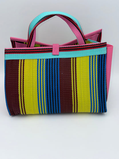 Sunshine Large handwoven tote bag by SCRUBIES in Pink,Teal,Yellow,Blue,Brown with Stripes design and Bow accent pattern
