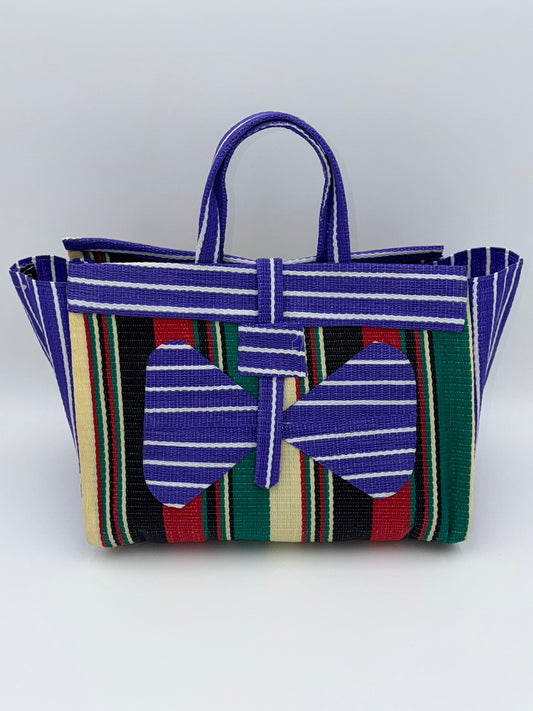 Lavender Large handwoven tote bag by SCRUBIES in Purple,Black,Red,Green,Beige with Stripes design and Bow accent pattern