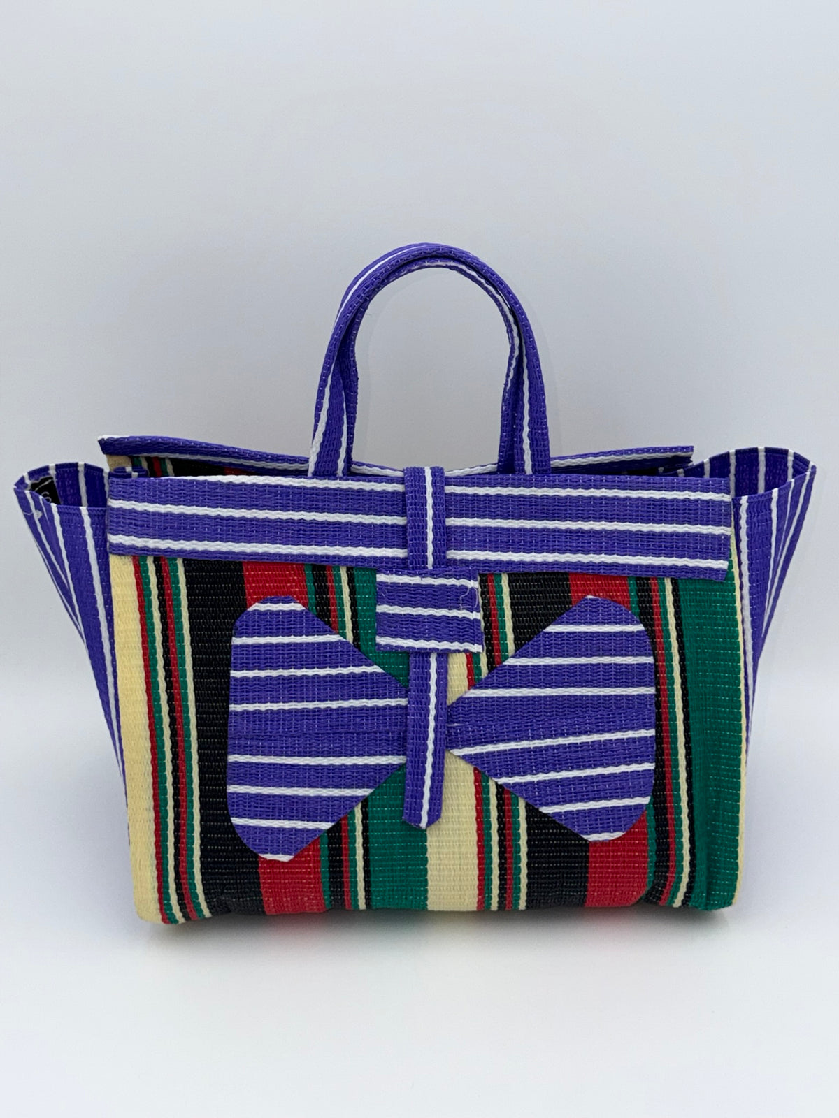 Lavender Large handwoven tote bag by SCRUBIES in Purple,Black,Red,Green,Beige with Stripes design and Bow accent pattern