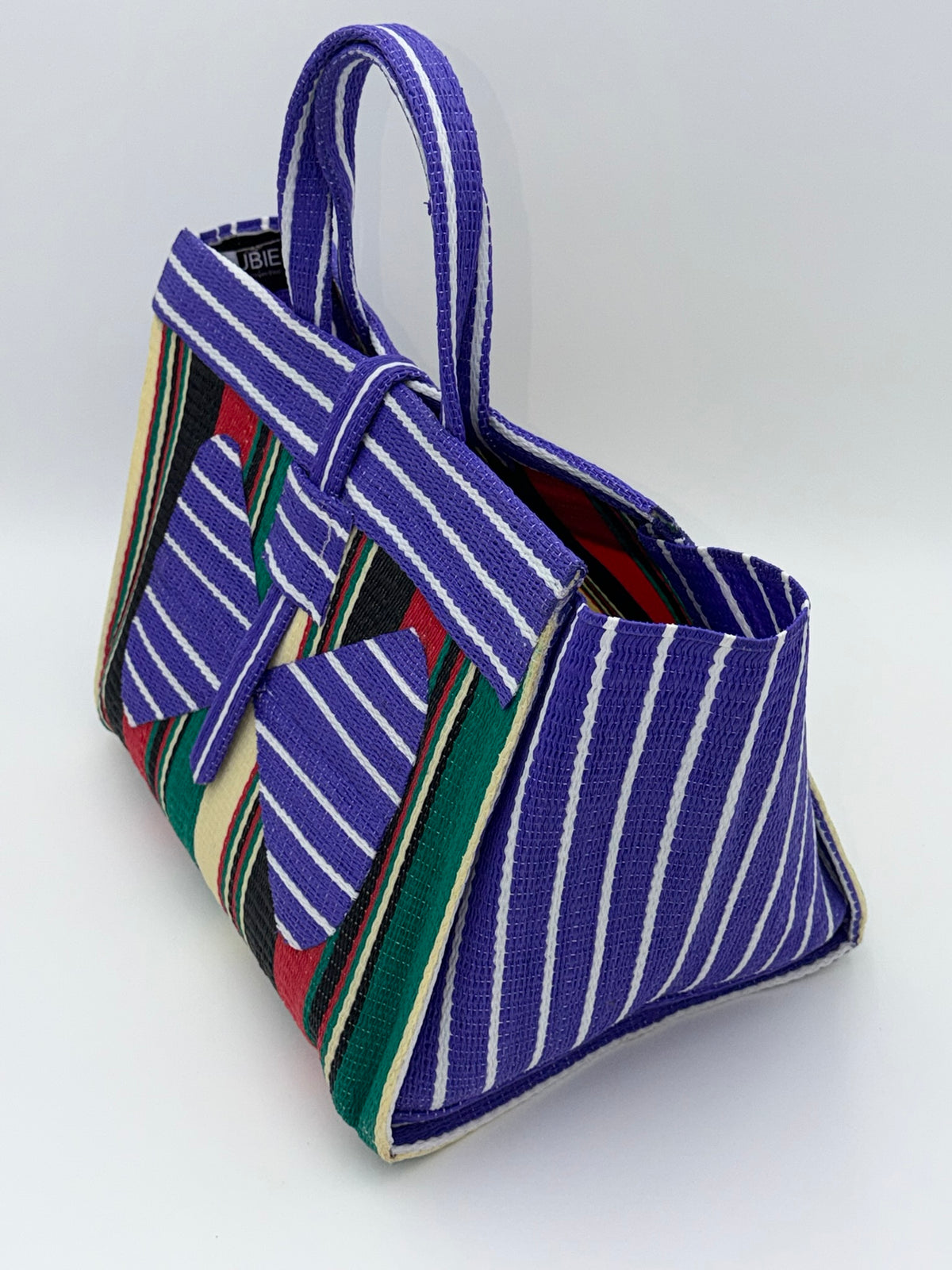 Lavender Large handwoven tote bag by SCRUBIES in Purple,Black,Red,Green,Beige with Stripes design and Bow accent pattern