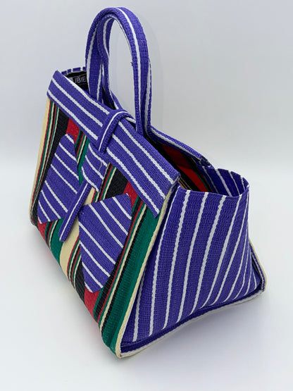 Lavender Large handwoven tote bag by SCRUBIES in Purple,Black,Red,Green,Beige with Stripes design and Bow accent pattern