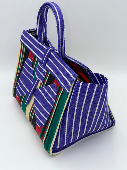 Lavender Large handwoven tote bag by SCRUBIES in Purple,Black,Red,Green,Beige with Stripes design and Bow accent pattern