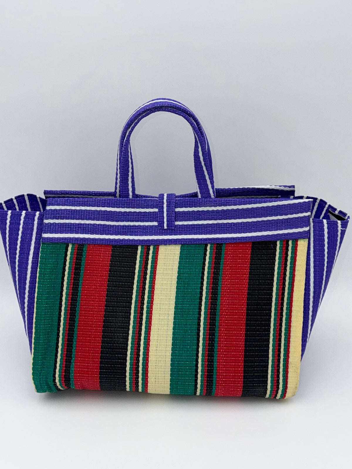 Lavender Large handwoven tote bag by SCRUBIES in Purple,Black,Red,Green,Beige with Stripes design and Bow accent pattern