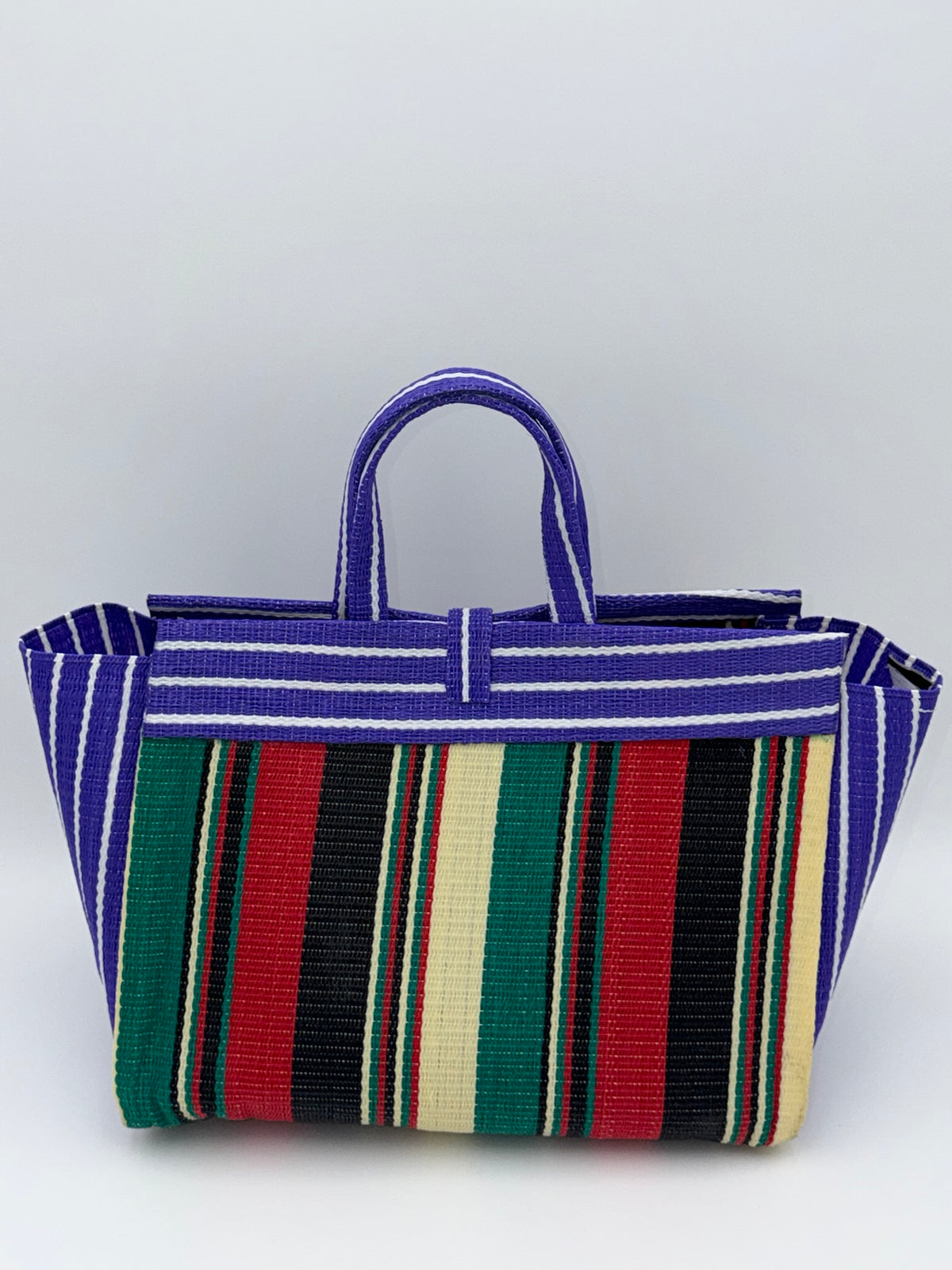 Lavender Large handwoven tote bag by SCRUBIES in Purple,Black,Red,Green,Beige with Stripes design and Bow accent pattern