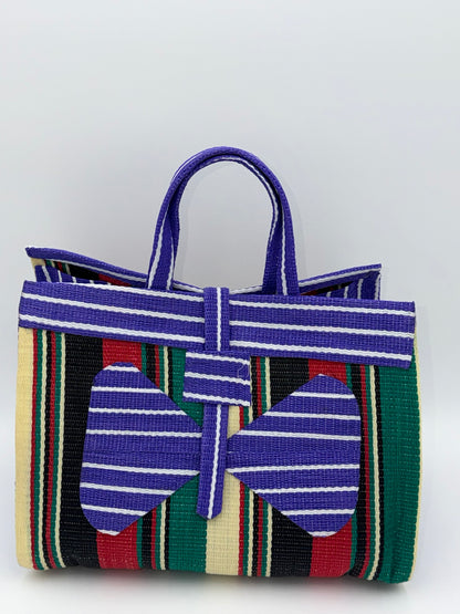 Lavender Large handwoven tote bag by SCRUBIES in Purple,Black,Red,Green,Beige with Stripes design and Bow accent pattern