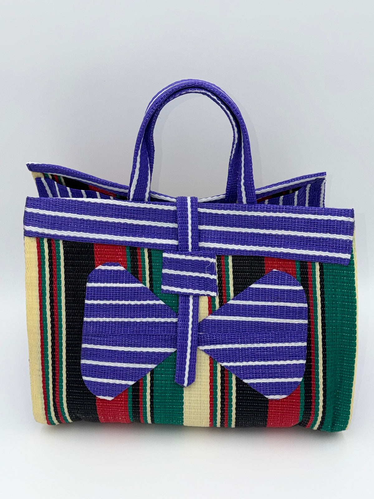 Lavender Large handwoven tote bag by SCRUBIES in Purple,Black,Red,Green,Beige with Stripes design and Bow accent pattern