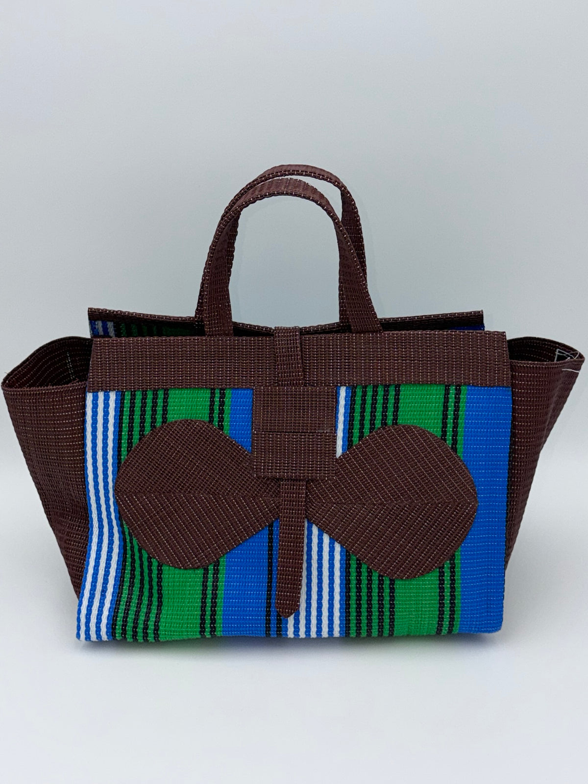Brownie Large handwoven tote bag by SCRUBIES in Brown,Green,Blue,White with Stripes design and Bow accent pattern
