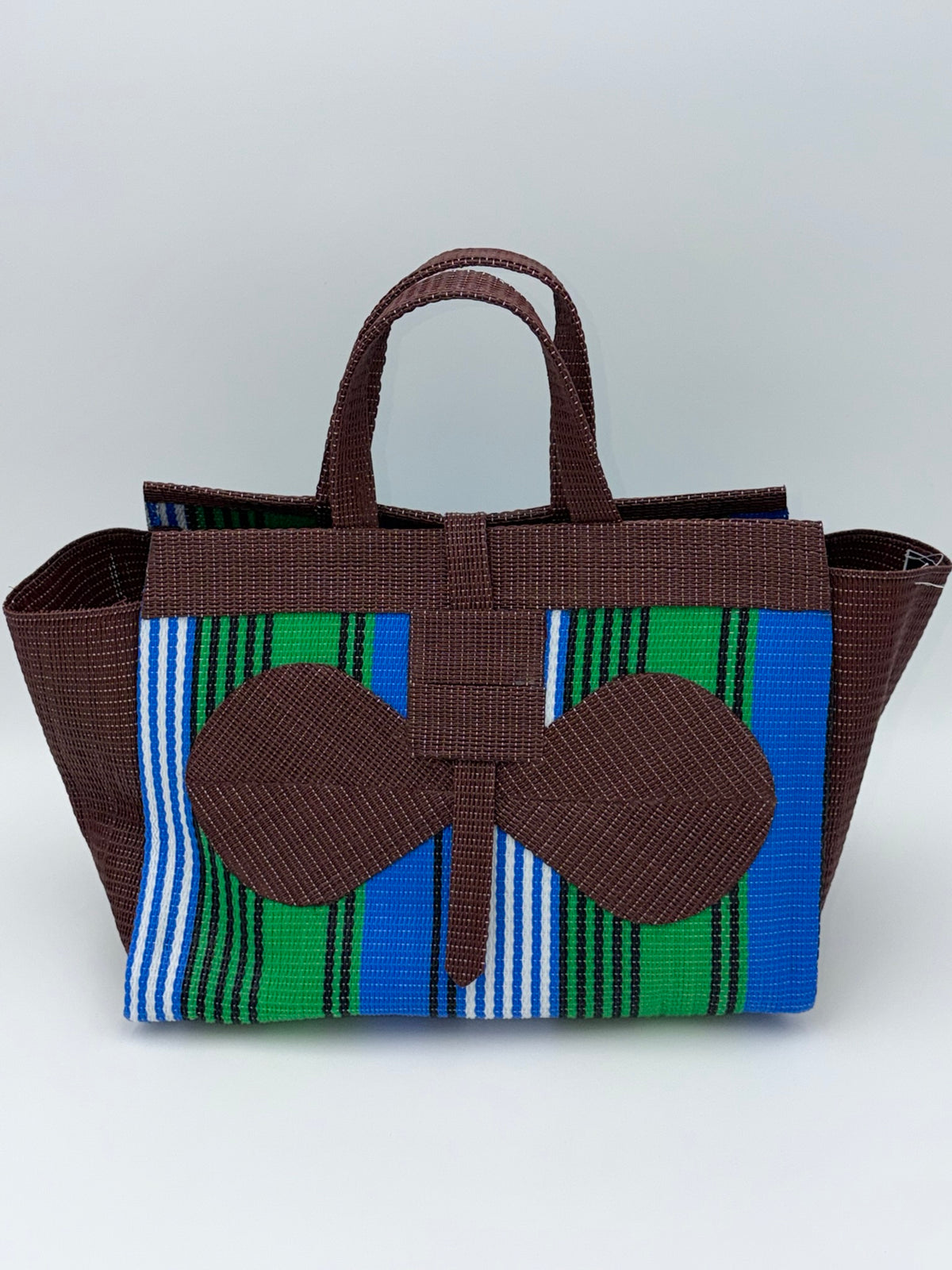 Brownie Large handwoven tote bag by SCRUBIES in Brown,Green,Blue,White with Stripes design and Bow accent pattern