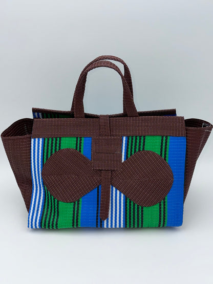 Brownie Large handwoven tote bag by SCRUBIES in Brown,Green,Blue,White with Stripes design and Bow accent pattern