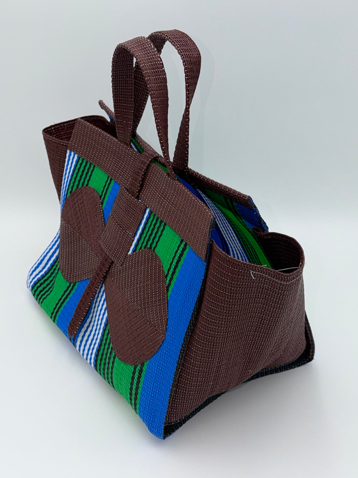 Brownie Large handwoven tote bag by SCRUBIES in Brown,Green,Blue,White with Stripes design and Bow accent pattern
