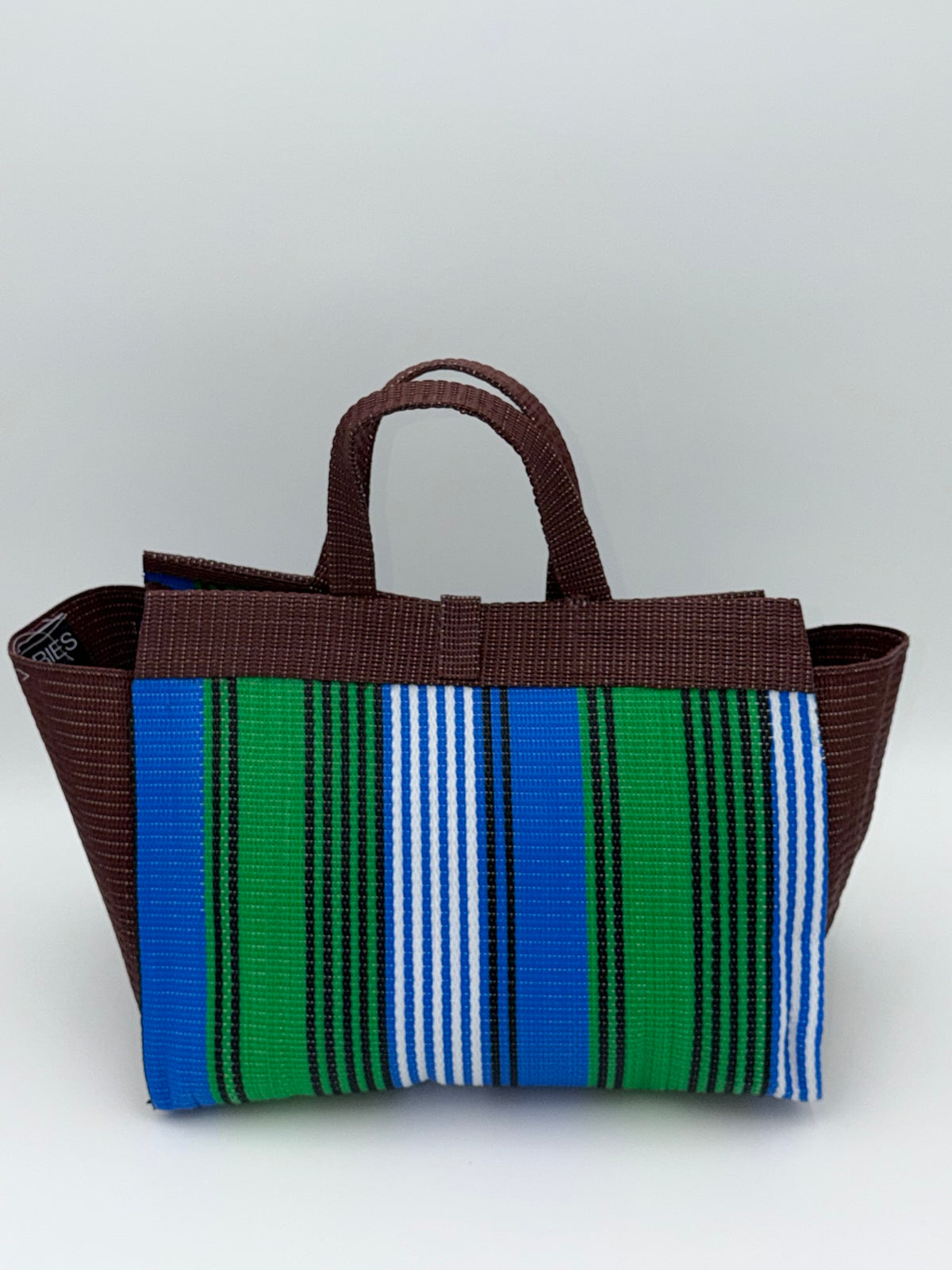 Brownie Large handwoven tote bag by SCRUBIES in Brown,Green,Blue,White with Stripes design and Bow accent pattern