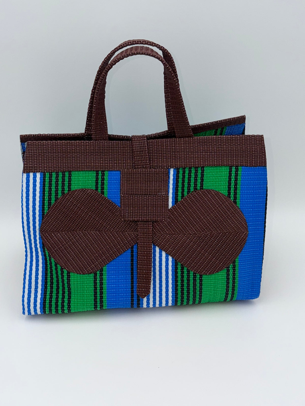 Brownie Large handwoven tote bag by SCRUBIES in Brown,Green,Blue,White with Stripes design and Bow accent pattern