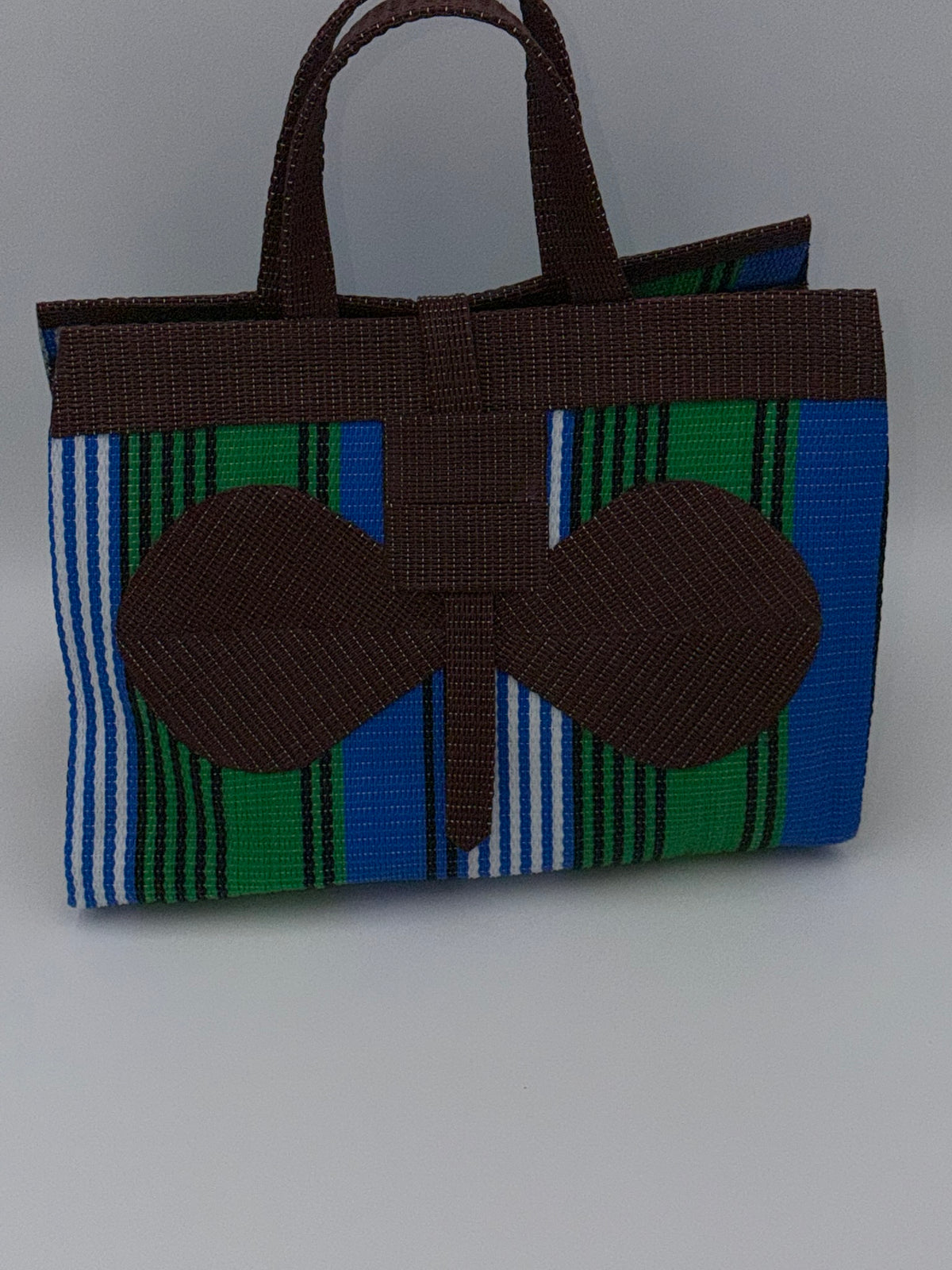 Brownie Large handwoven tote bag by SCRUBIES in Brown,Green,Blue,White with Stripes design and Bow accent pattern
