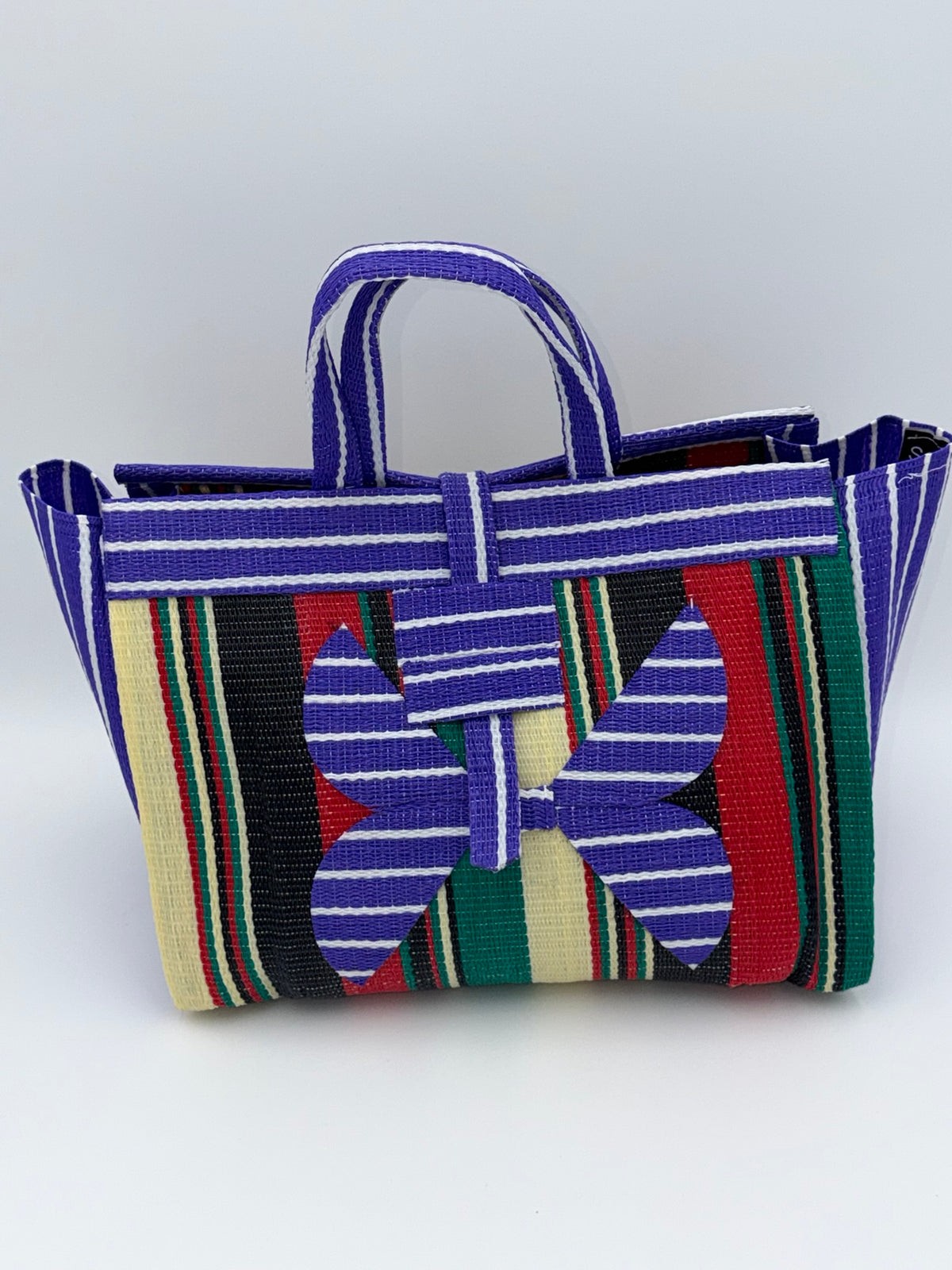 Lavender Large handwoven tote bag by SCRUBIES in Purple,Black,Red,Green,Beige with Stripes design and Bow accent pattern