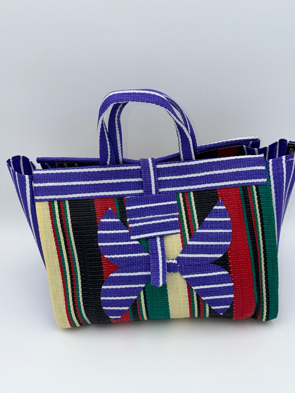 Lavender Large handwoven tote bag by SCRUBIES in Purple,Black,Red,Green,Beige with Stripes design and Bow accent pattern