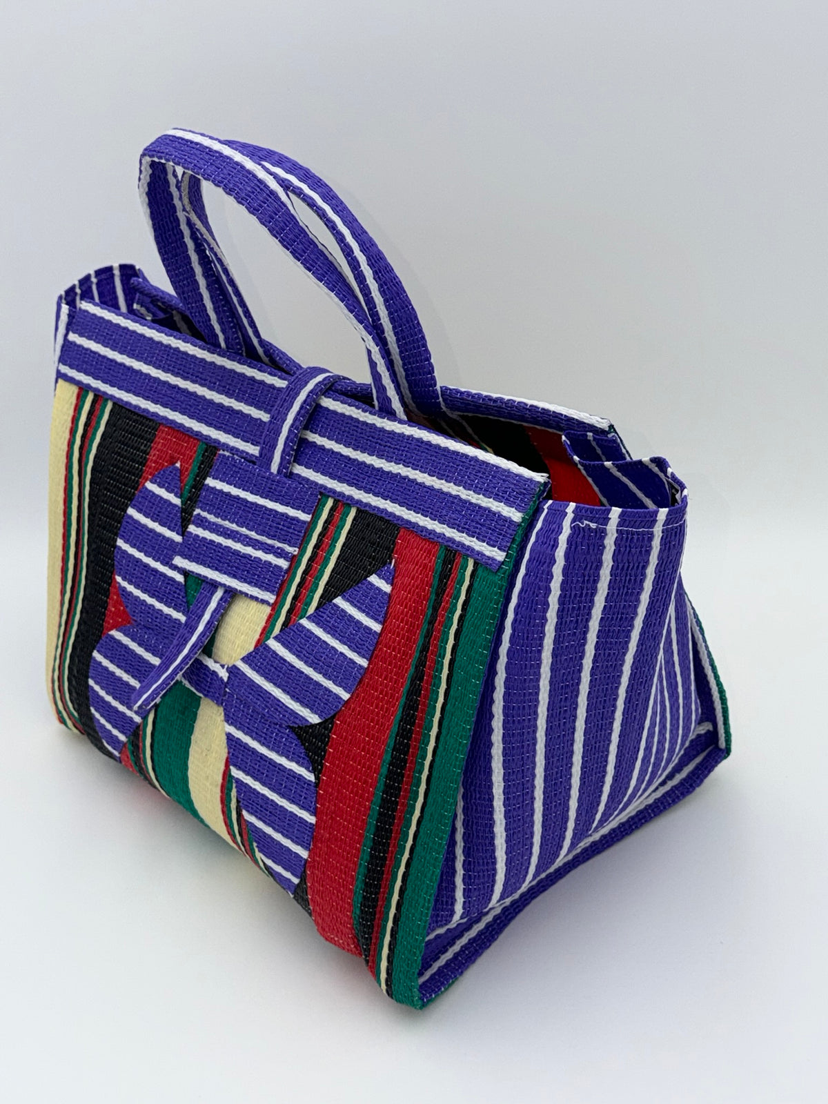 Lavender Large handwoven tote bag by SCRUBIES in Purple,Black,Red,Green,Beige with Stripes design and Bow accent pattern