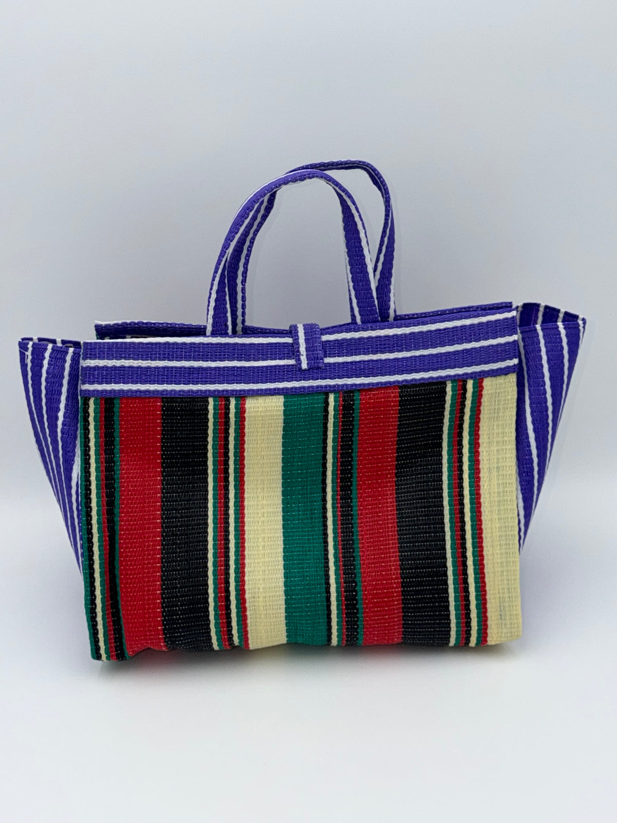 Lavender Large handwoven tote bag by SCRUBIES in Purple,Black,Red,Green,Beige with Stripes design and Bow accent pattern