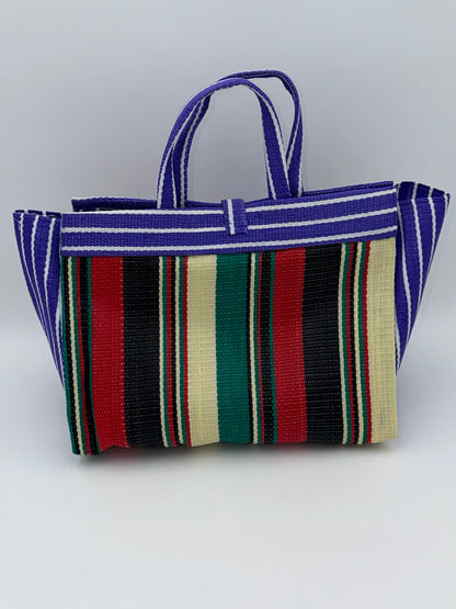 Lavender Large handwoven tote bag by SCRUBIES in Purple,Black,Red,Green,Beige with Stripes design and Bow accent pattern