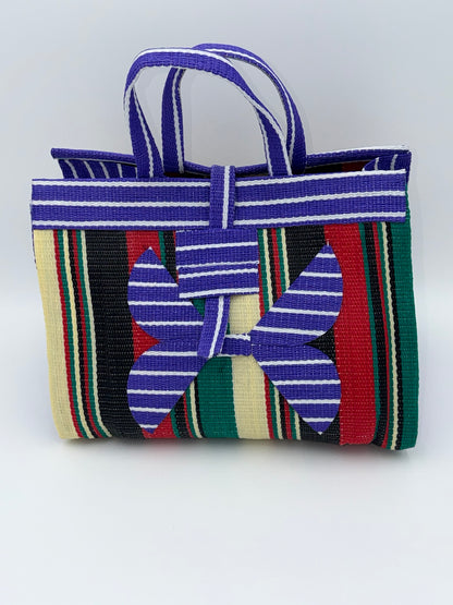 Lavender Large handwoven tote bag by SCRUBIES in Purple,Black,Red,Green,Beige with Stripes design and Bow accent pattern
