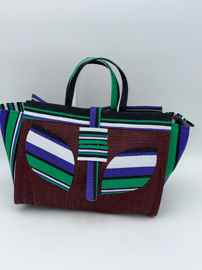 Brownie Large handwoven tote bag by SCRUBIES in Brown,Green,White,Purple,Black with Solid design and Leaf accent pattern