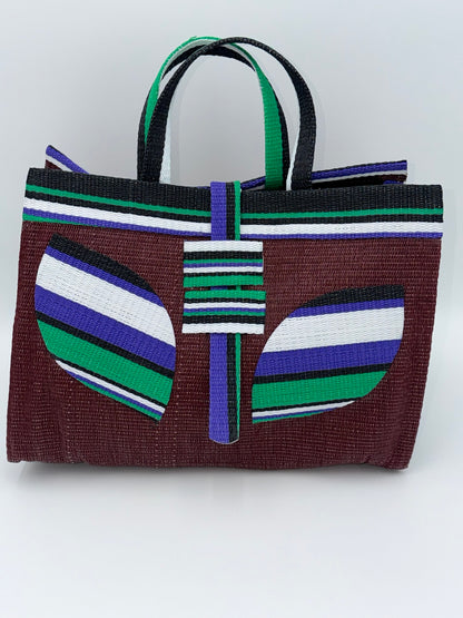 Brownie Large handwoven tote bag by SCRUBIES in Brown,Green,White,Purple,Black with Solid design and Leaf accent pattern