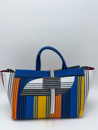 Citrus Large handwoven tote bag by SCRUBIES in Blue,Yellow,White, with Stripes design and Almond accent pattern
