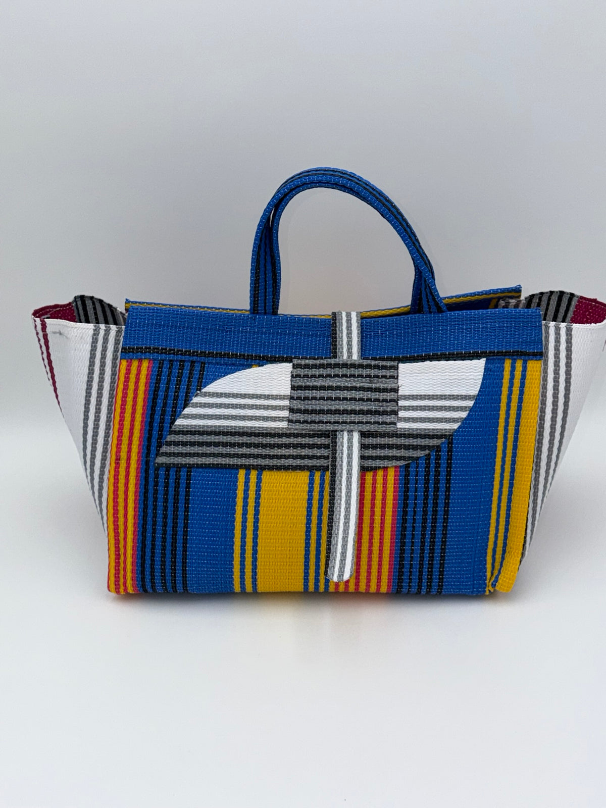 Citrus Large handwoven tote bag by SCRUBIES in Blue,Yellow,White, with Stripes design and Almond accent pattern