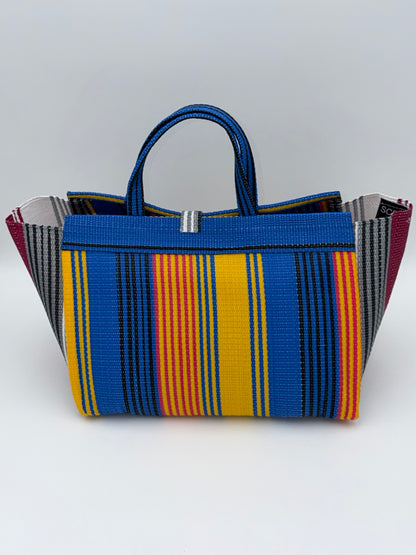 Citrus Large handwoven tote bag by SCRUBIES in Blue,Yellow,White, with Stripes design and Almond accent pattern
