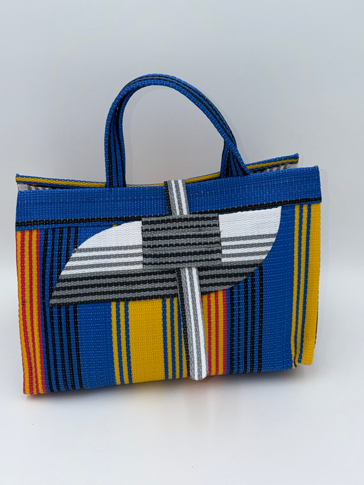 Citrus Large handwoven tote bag by SCRUBIES in Blue,Yellow,White, with Stripes design and Almond accent pattern