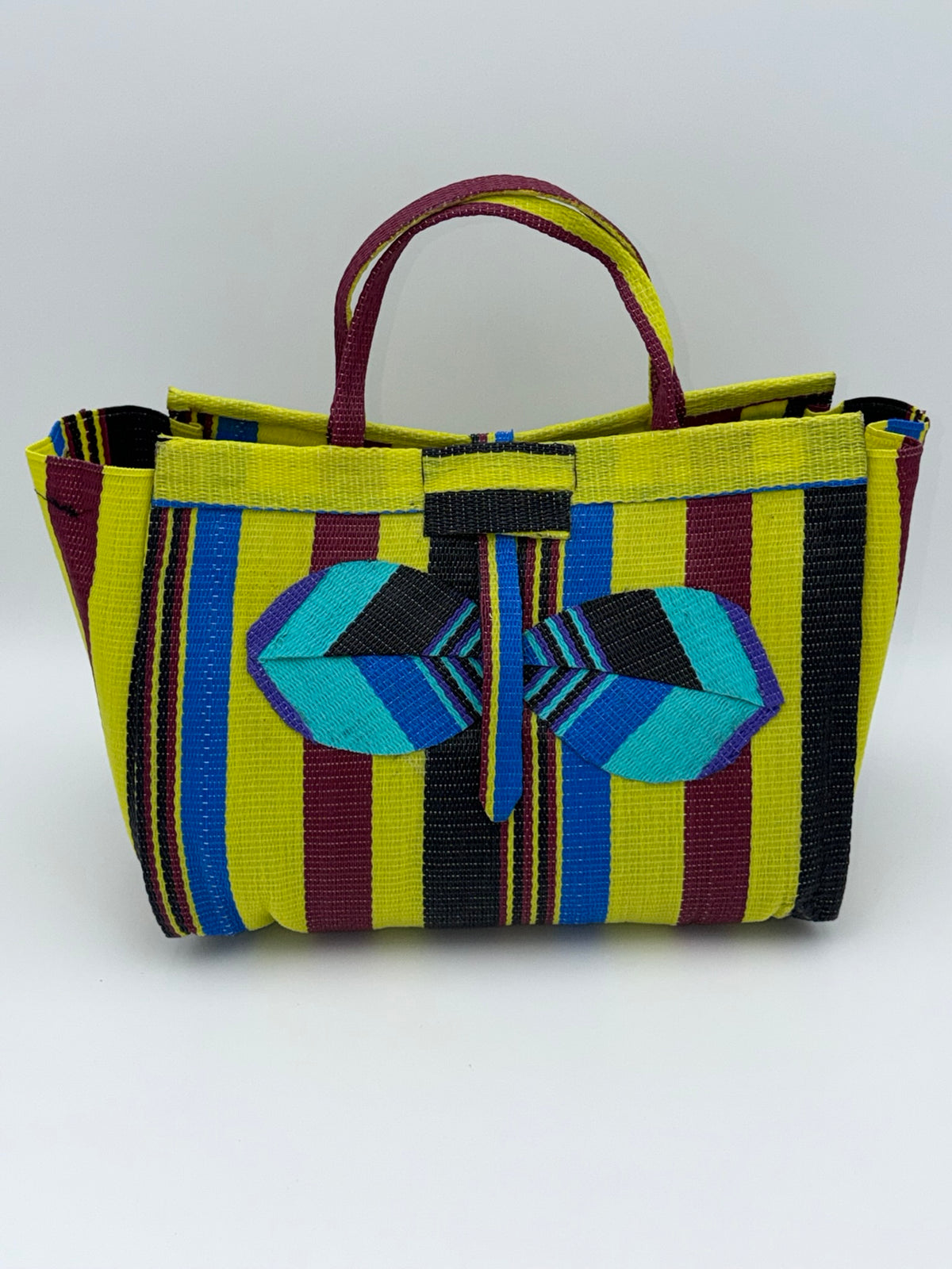 Carbon Large handwoven tote bag by SCRUBIES in Yellow,Wine,Teal,Black with Stripes design and Bow accent pattern