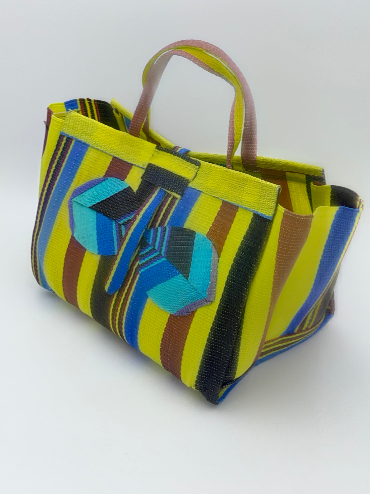 Carbon Large handwoven tote bag by SCRUBIES in Yellow,Wine,Teal,Black with Stripes design and Bow accent pattern