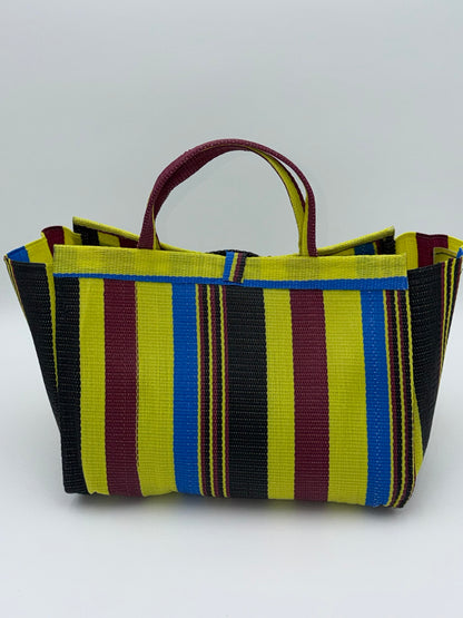 Carbon Large handwoven tote bag by SCRUBIES in Yellow,Wine,Teal,Black with Stripes design and Bow accent pattern