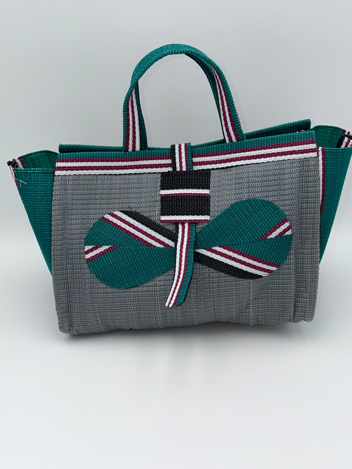 Metallic Large handwoven tote bag by SCRUBIES in Grey,Green,Black,White,Red with Solid design and Bow accent pattern