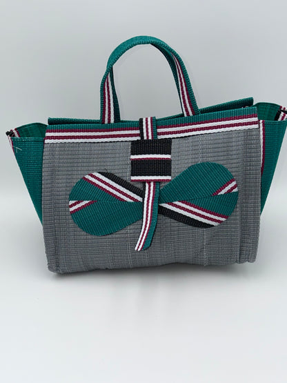 Metallic Large handwoven tote bag by SCRUBIES in Grey,Green,Black,White,Red with Solid design and Bow accent pattern