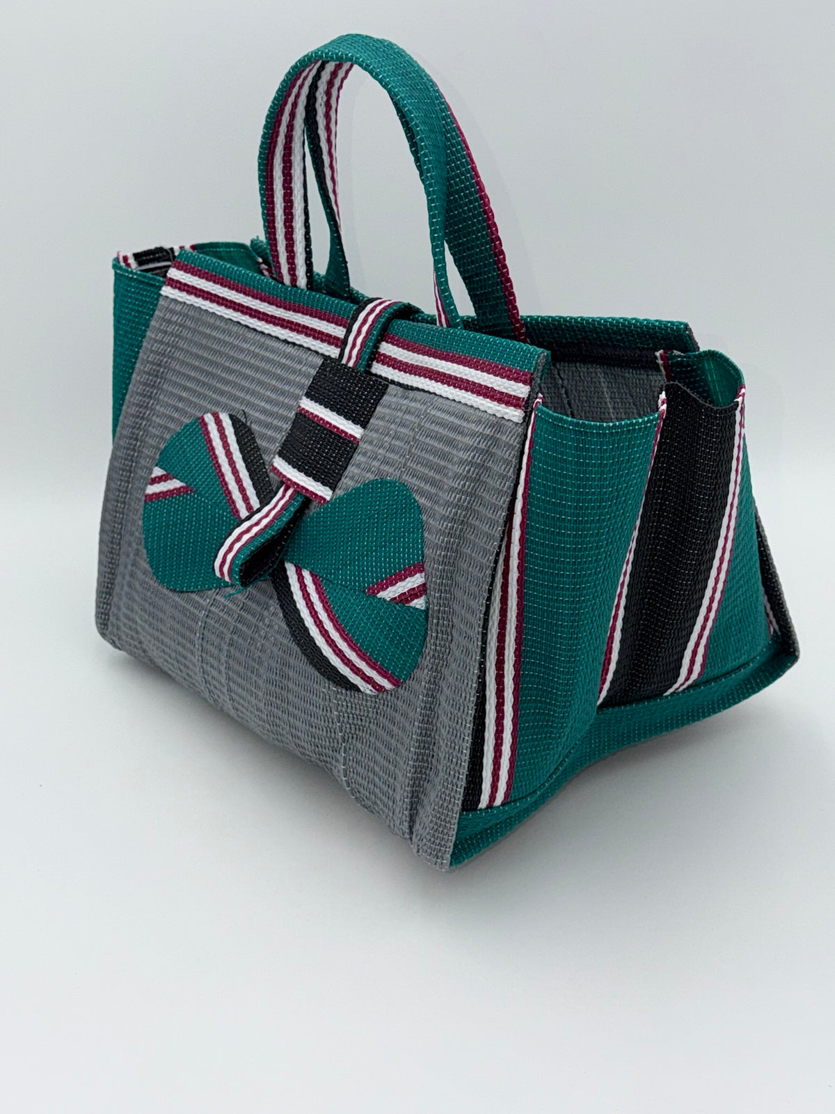 Metallic Large handwoven tote bag by SCRUBIES in Grey,Green,Black,White,Red with Solid design and Bow accent pattern