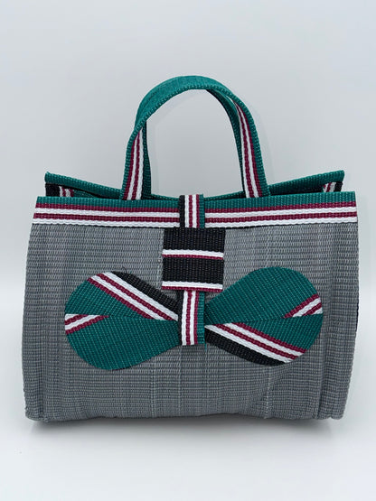 Metallic Large handwoven tote bag by SCRUBIES in Grey,Green,Black,White,Red with Solid design and Bow accent pattern