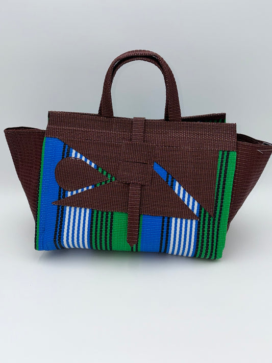Brownie Large handwoven tote bag by SCRUBIES in Brown,Green,White,Blue with Stripes design and Abstract accent pattern