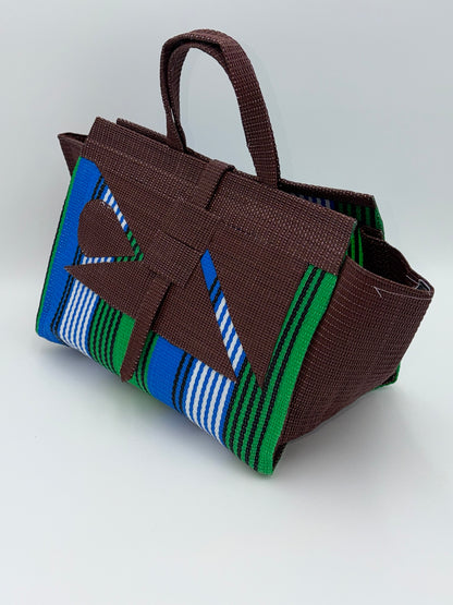 Brownie Large handwoven tote bag by SCRUBIES in Brown,Green,White,Blue with Stripes design and Abstract accent pattern