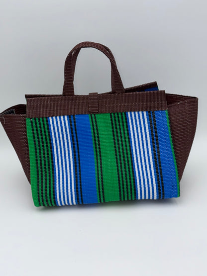 Brownie Large handwoven tote bag by SCRUBIES in Brown,Green,White,Blue with Stripes design and Abstract accent pattern