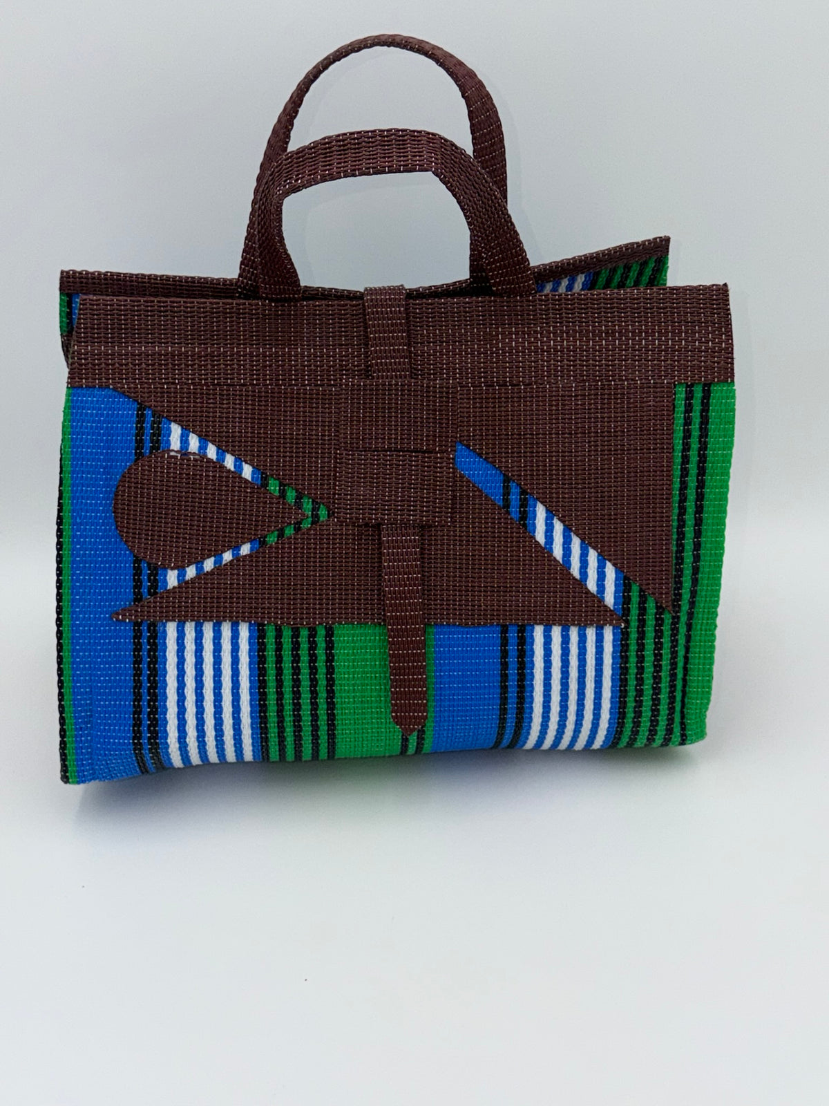 Brownie Large handwoven tote bag by SCRUBIES in Brown,Green,White,Blue with Stripes design and Abstract accent pattern