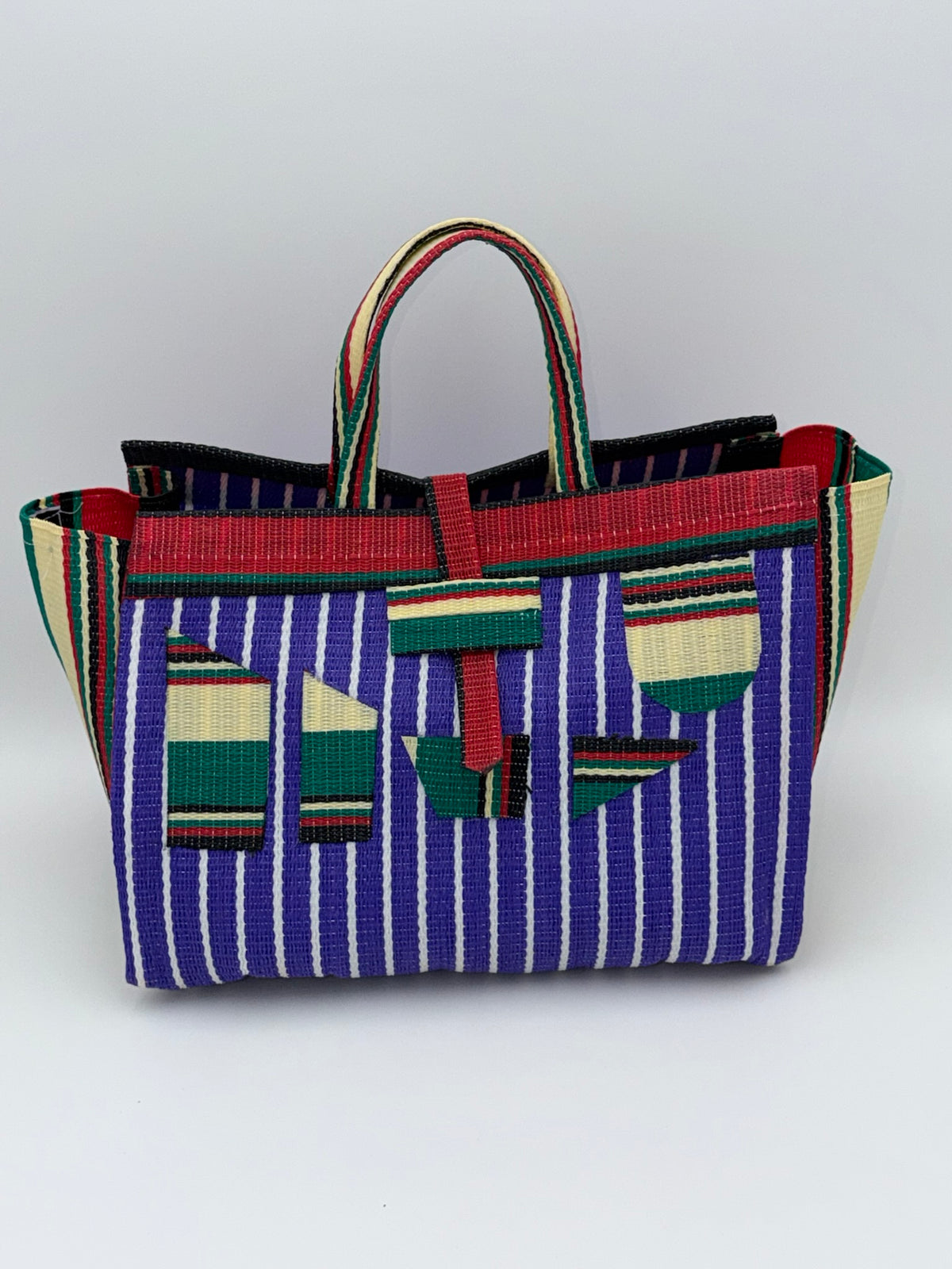 Lavender Large handwoven tote bag by SCRUBIES in Purple,Red,Green,Cream with Stripes design and Abstract accent pattern