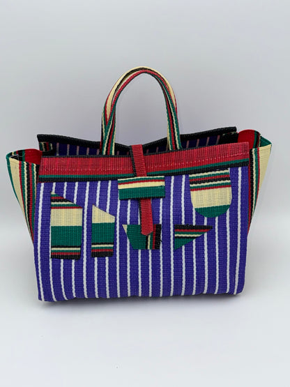 Lavender Large handwoven tote bag by SCRUBIES in Purple,Red,Green,Cream with Stripes design and Abstract accent pattern