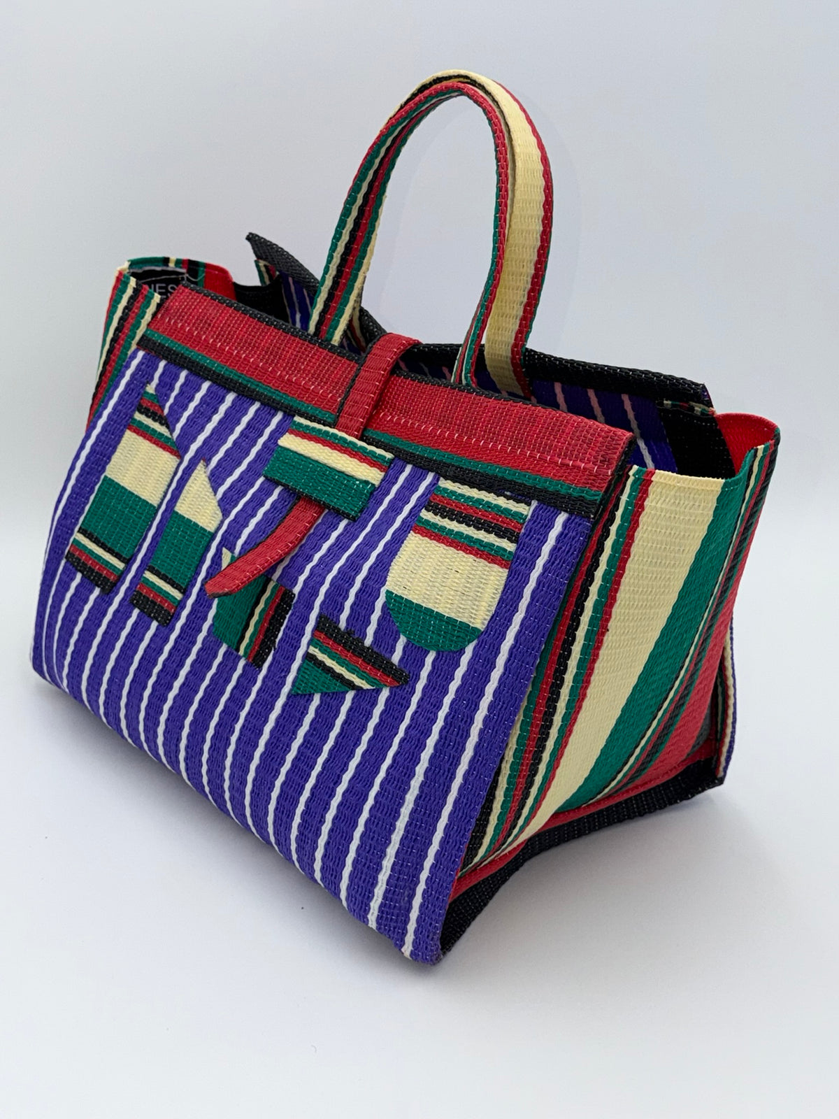 Lavender Large handwoven tote bag by SCRUBIES in Purple,Red,Green,Cream with Stripes design and Abstract accent pattern