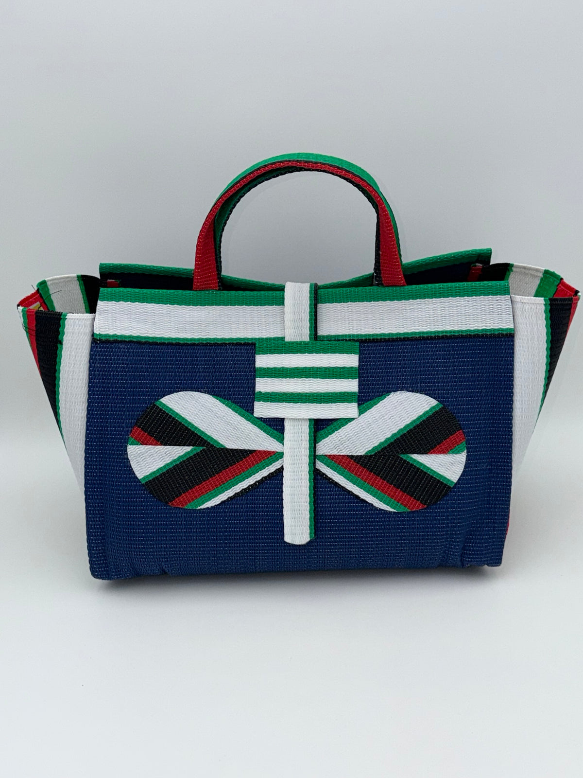 Berry Large handwoven tote bag by SCRUBIES in Blue,White,Green,Red,Black with Solid design and Bow accent pattern