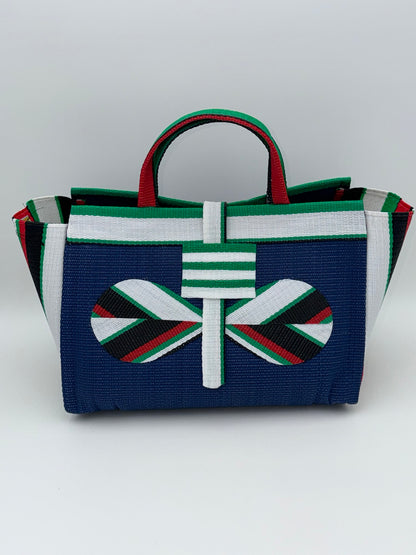 Berry Large handwoven tote bag by SCRUBIES in Blue,White,Green,Red,Black with Solid design and Bow accent pattern