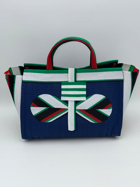 Berry Large handwoven tote bag by SCRUBIES in Blue,White,Green,Red,Black with Solid design and Bow accent pattern